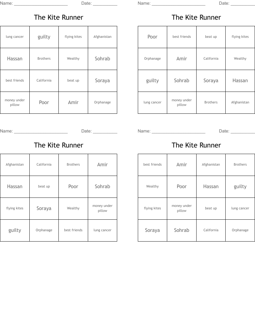 The Kite Runner Bingo Cards