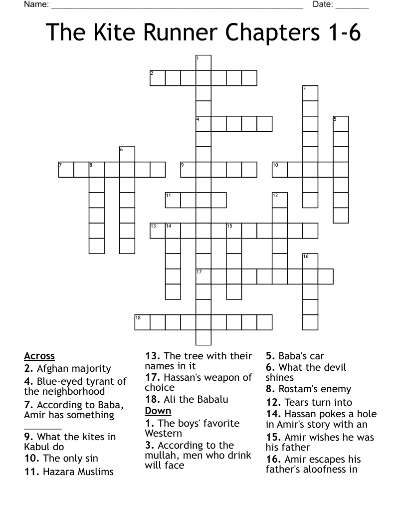 The Kite Runner Chapters 1-6  Crossword