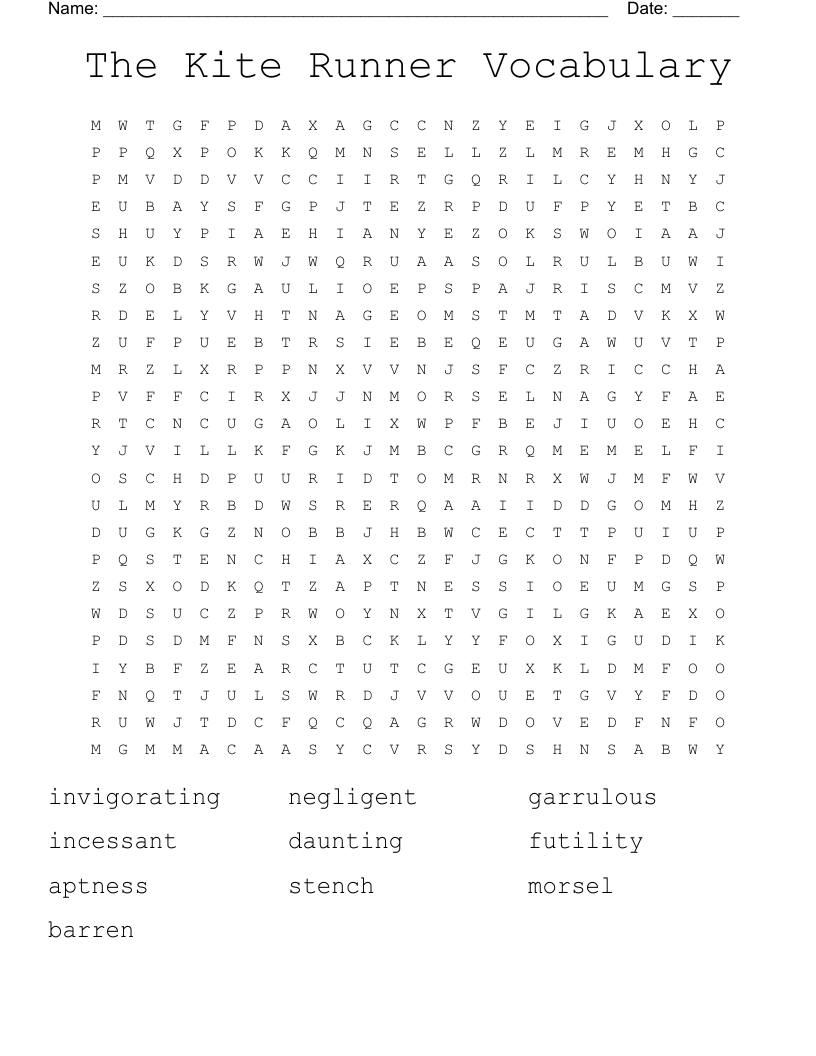 The Kite Runner Vocabulary Word Search