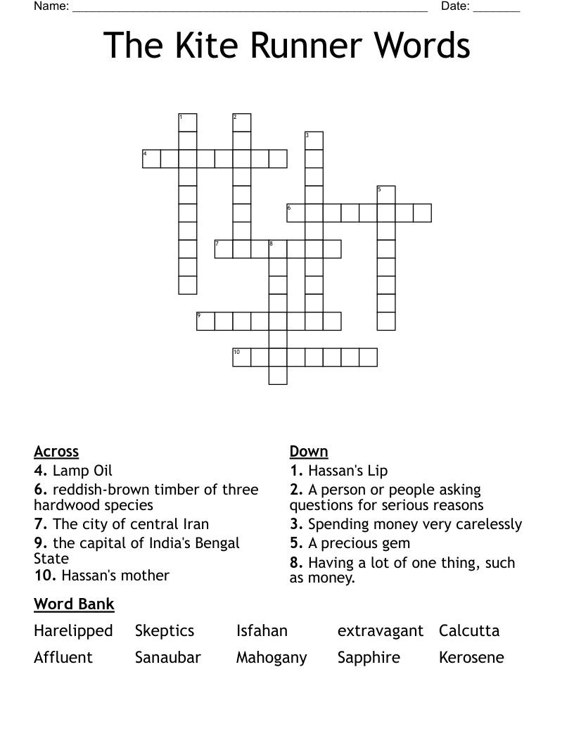 The Kite Runner Words Crossword