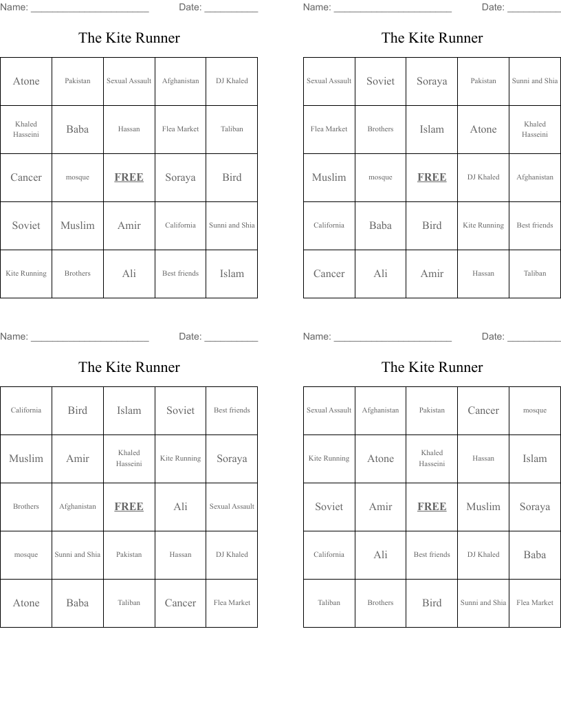 The Kite Runner  Bingo Cards