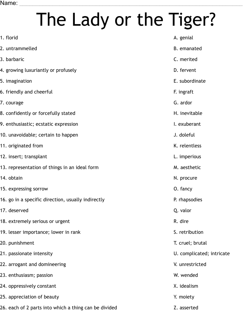 The Lady or the Tiger? Worksheet