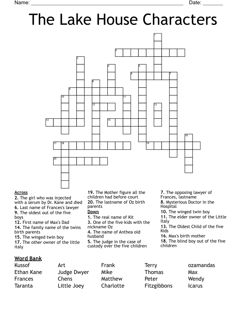 The Lake House Characters Crossword
