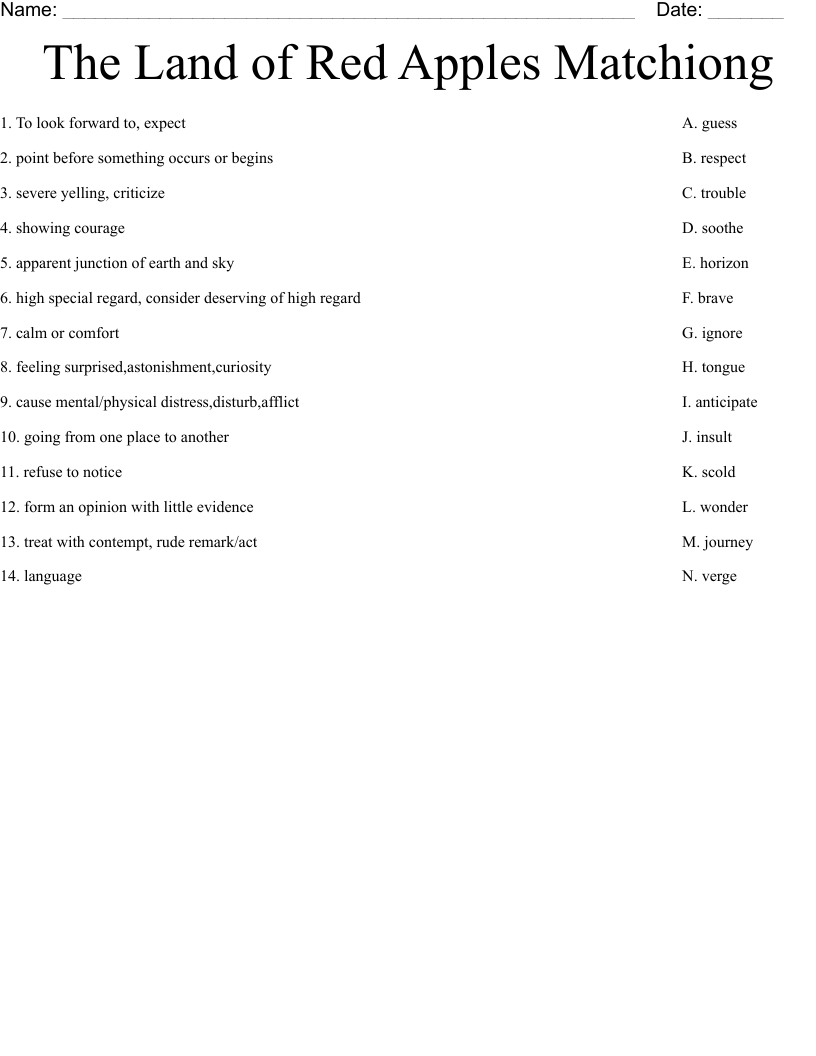 The Land of Red Apples Matchiong Worksheet
