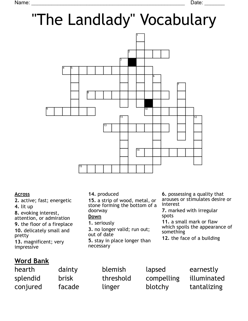 "The Landlady" Vocabulary Crossword