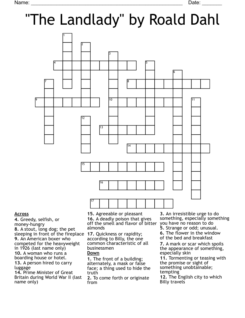 "The Landlady" by Roald Dahl Crossword