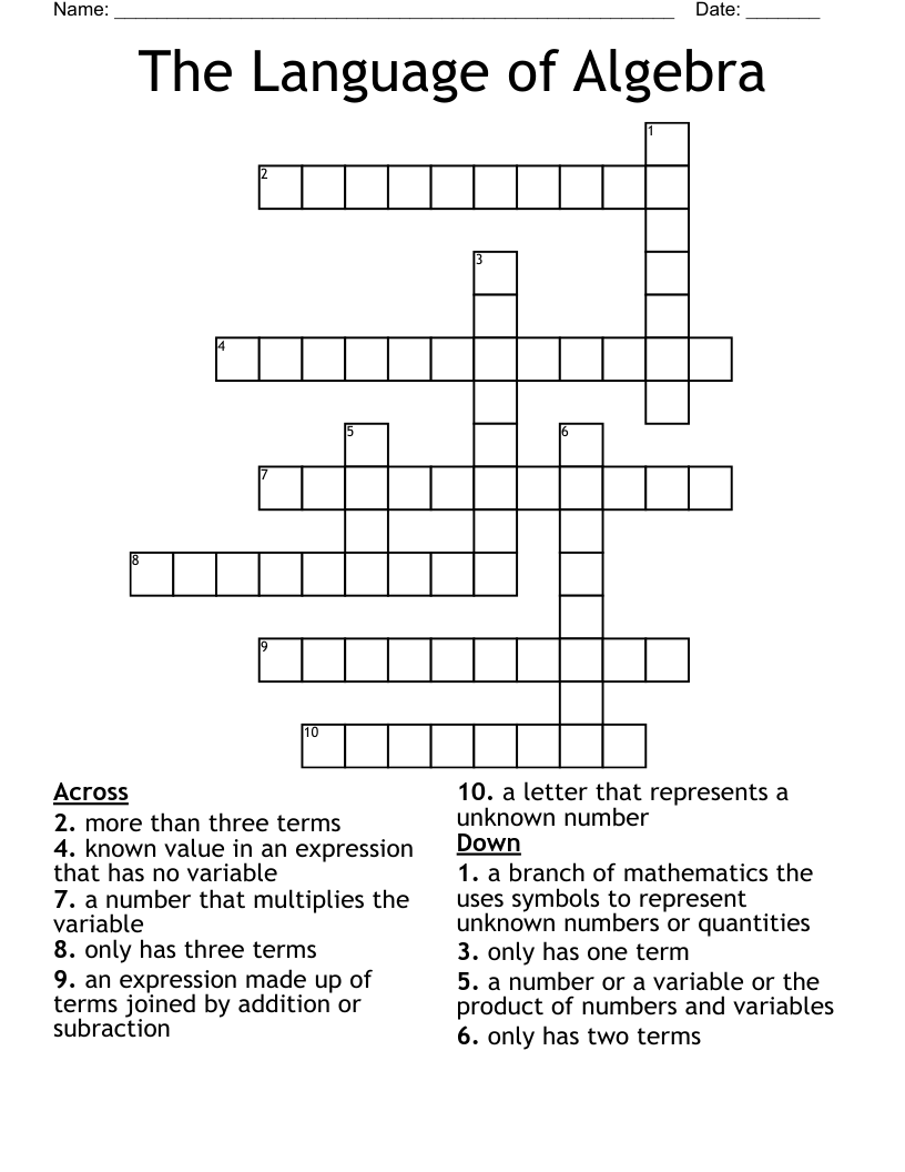 The Language of Algebra Crossword