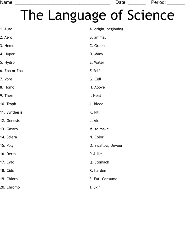 The Language of Science Worksheet