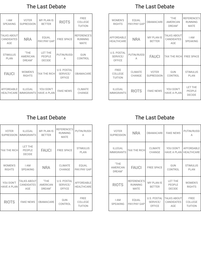 The Last Debate Bingo Cards