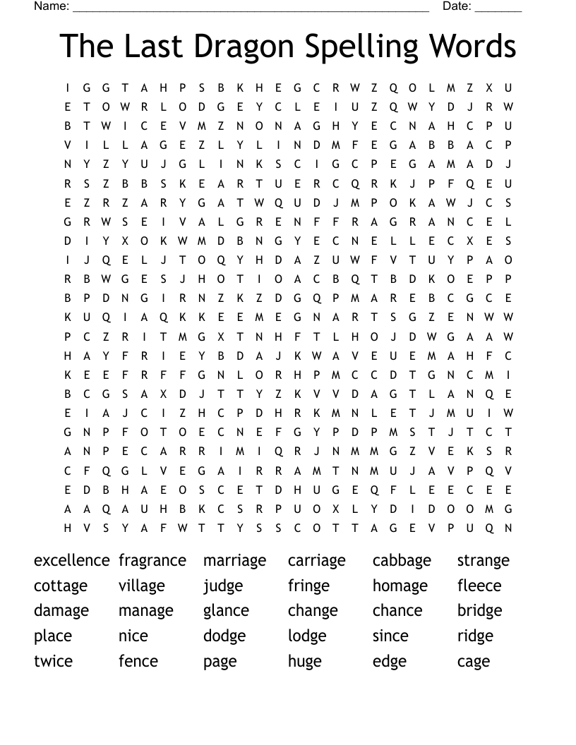 The Last Dragon Spelling Words Word Search
