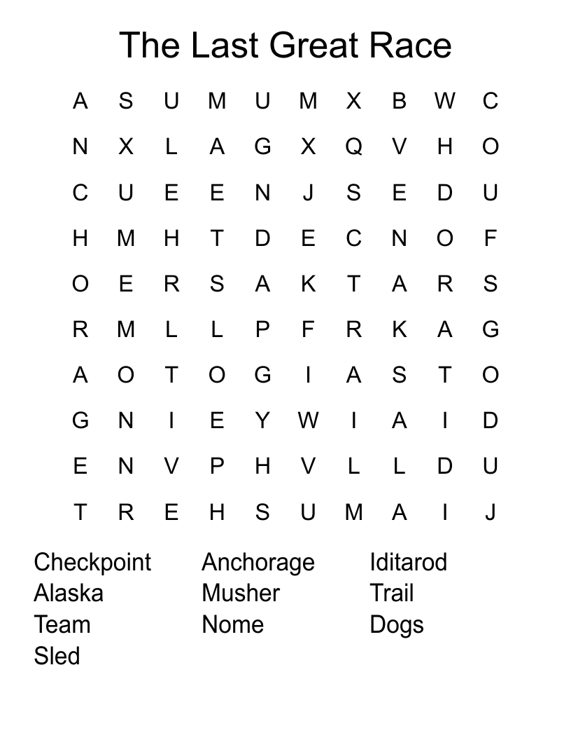 The Last Great Race Word Search
