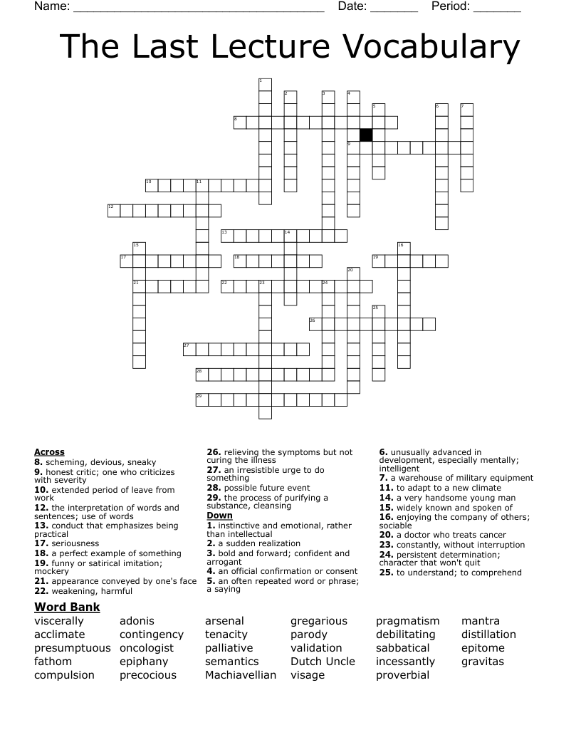 The Last Lecture Vocabulary Crossword