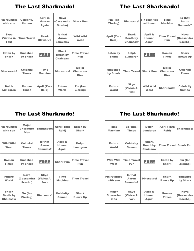 The Last Sharknado! Bingo Cards
