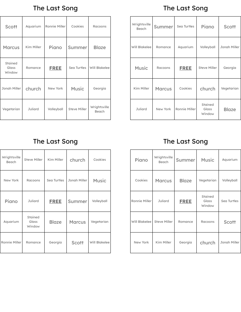 The Last Song Bingo Cards