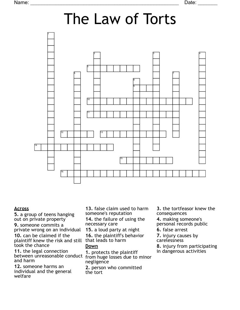 The Law of Torts Crossword