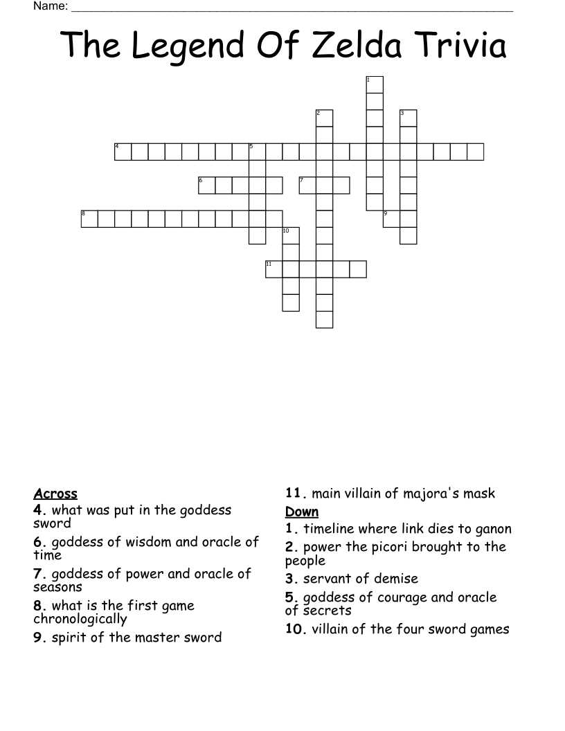 The Legend Of Zelda Trivia Crossword