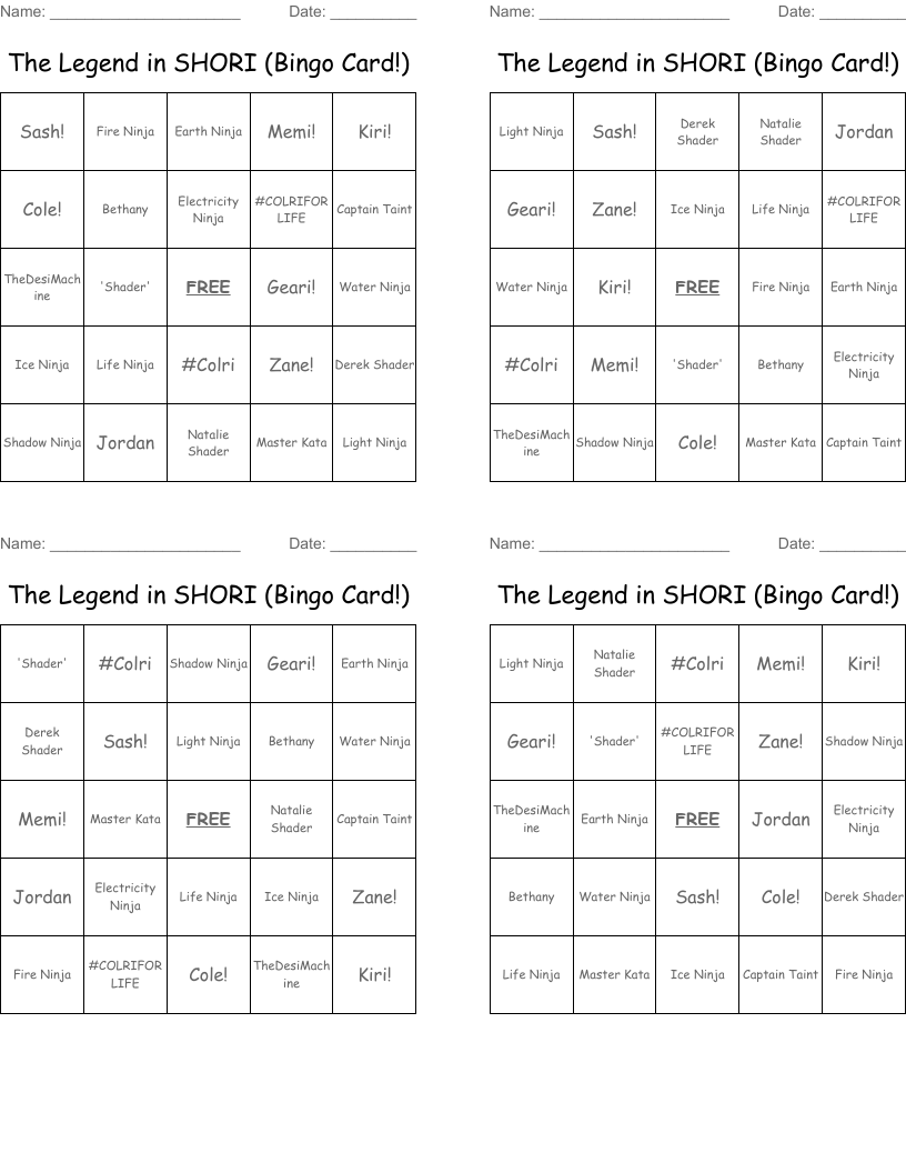 The Legend in SHORI (Bingo Card!)