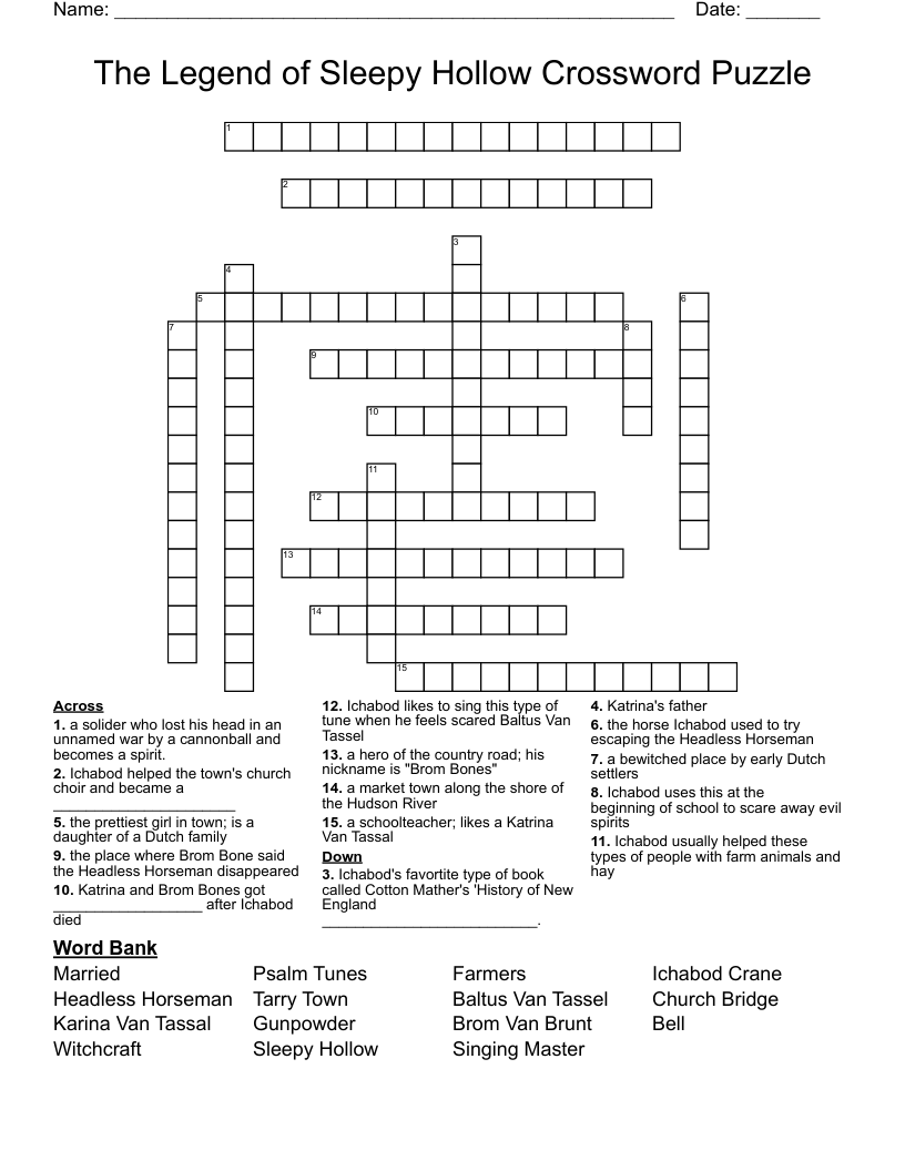 The Legend of Sleepy Hollow Crossword Puzzle