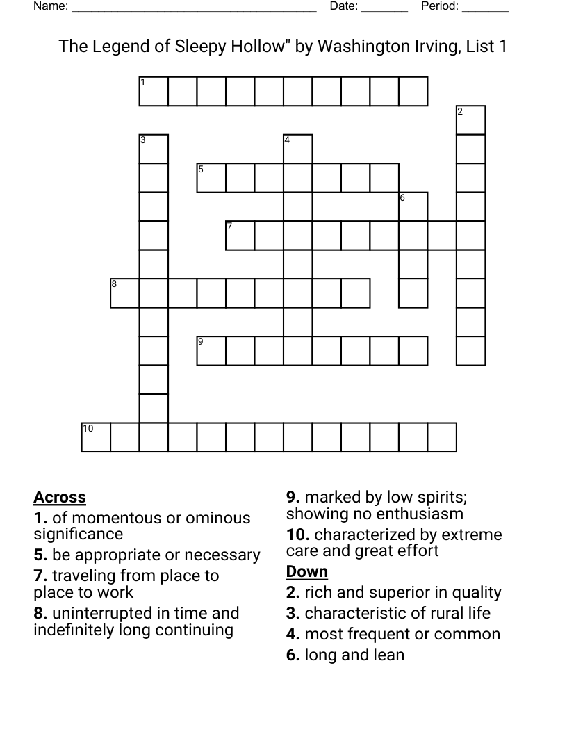 The Legend of Sleepy Hollow" by Washington Irving, List 1 Crossword