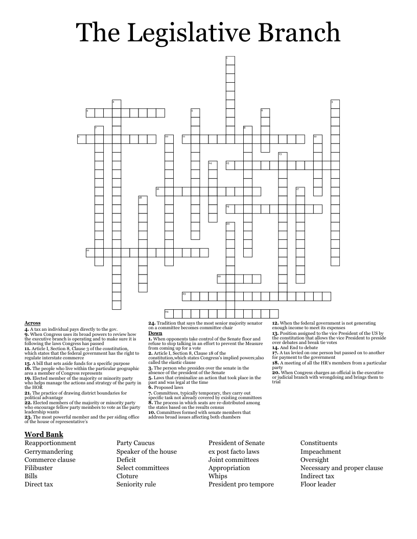 The Legislative Branch Crossword