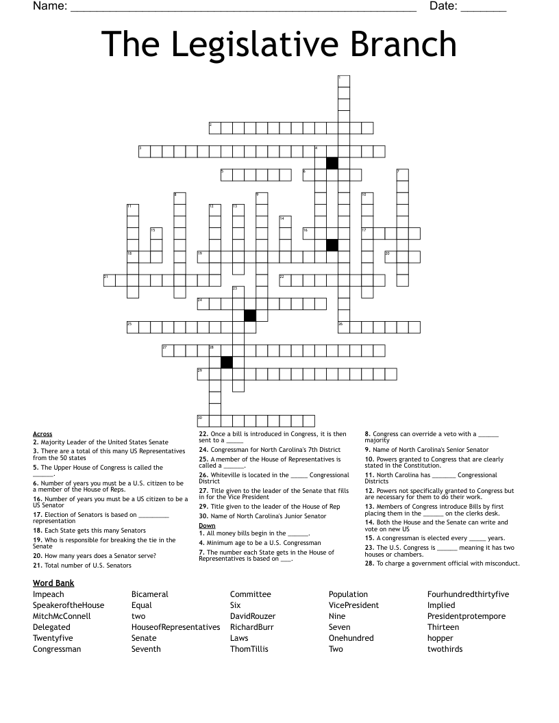 The Legislative Branch Crossword