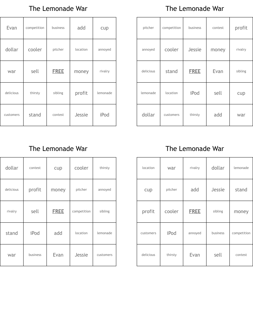 The Lemonade War Bingo Cards