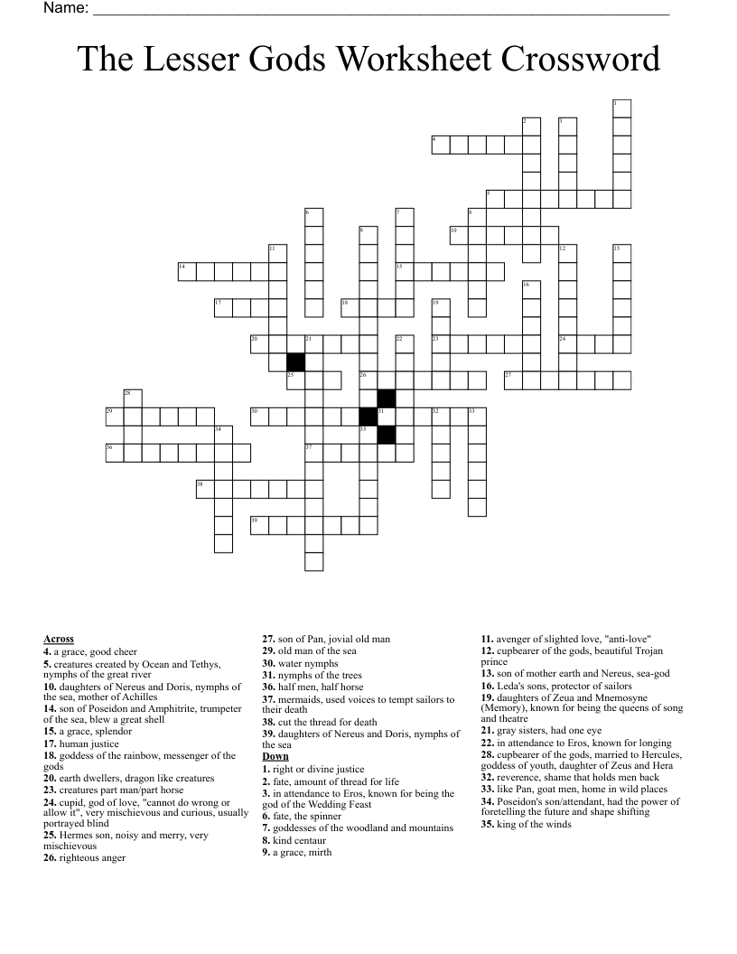 The Lesser Gods Worksheet Crossword