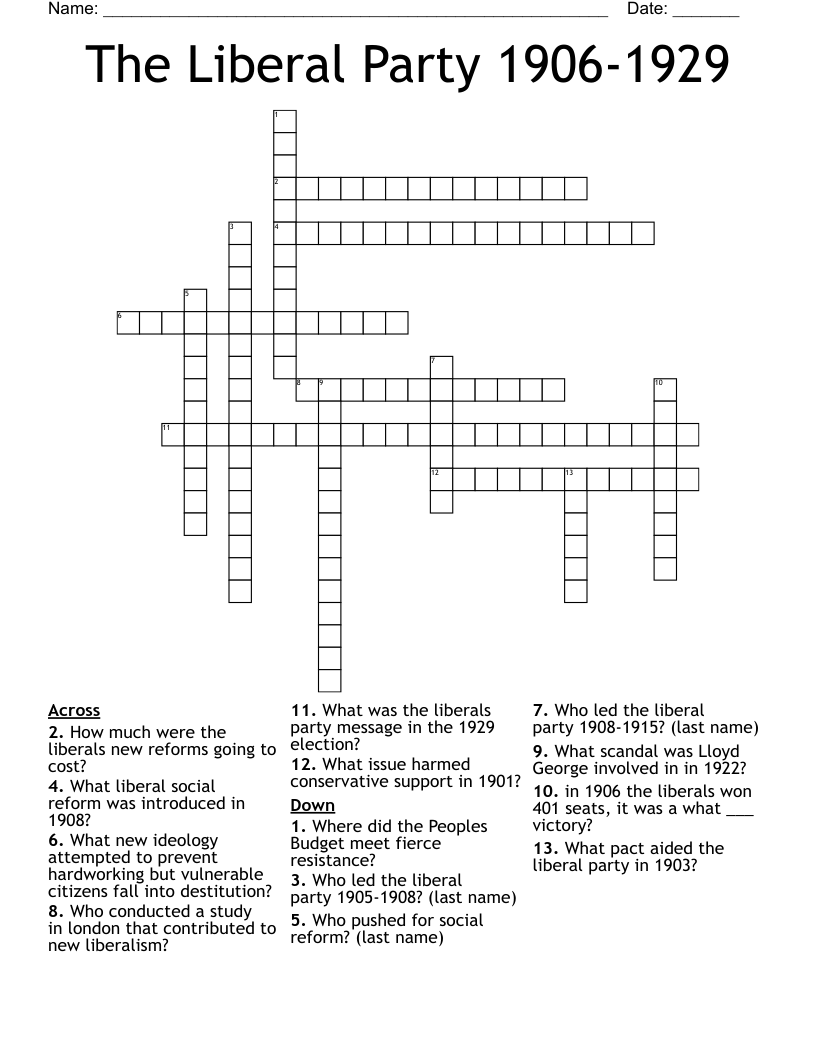 The Liberal Party 1906-1929 Crossword