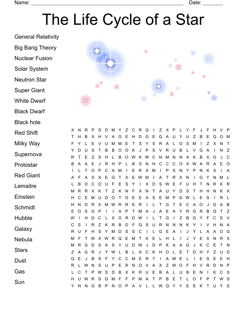 The Life Cycle of a Star Word Search