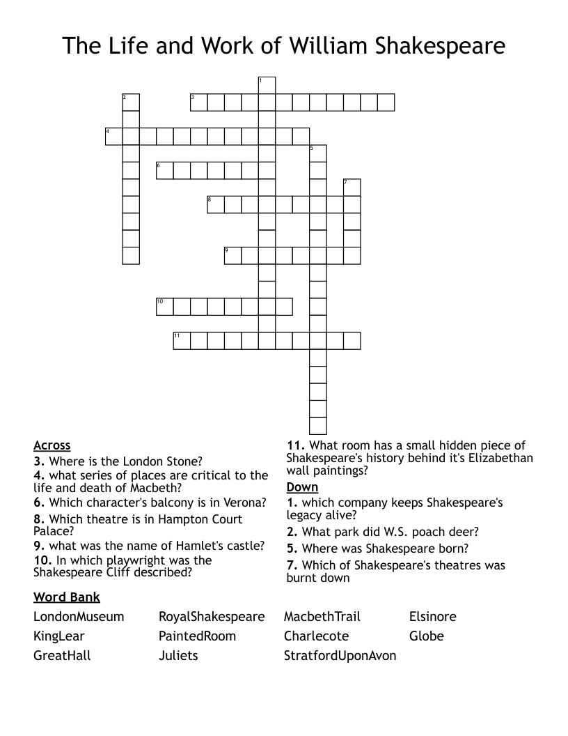 The Life and Work  of William Shakespeare Crossword