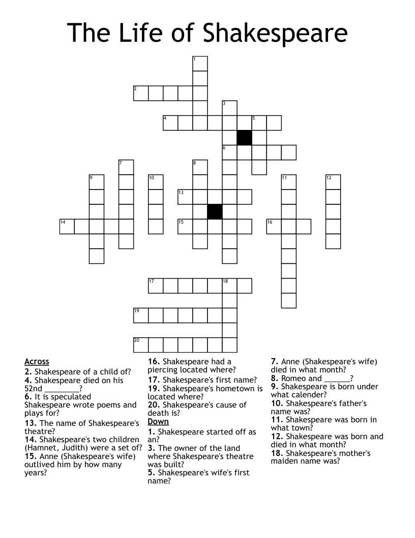 The Life of Shakespeare Crossword