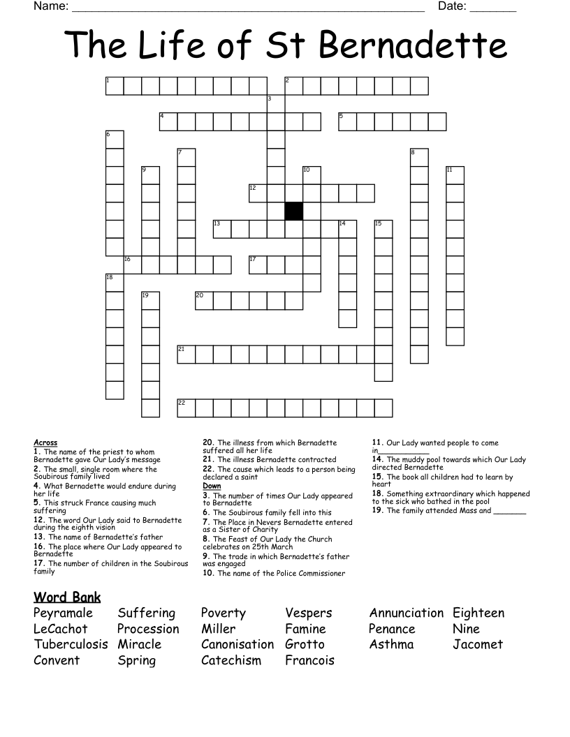 The Life of St Bernadette Crossword