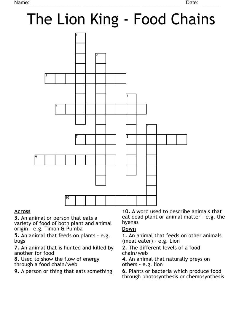 The Lion King - Food Chains Crossword