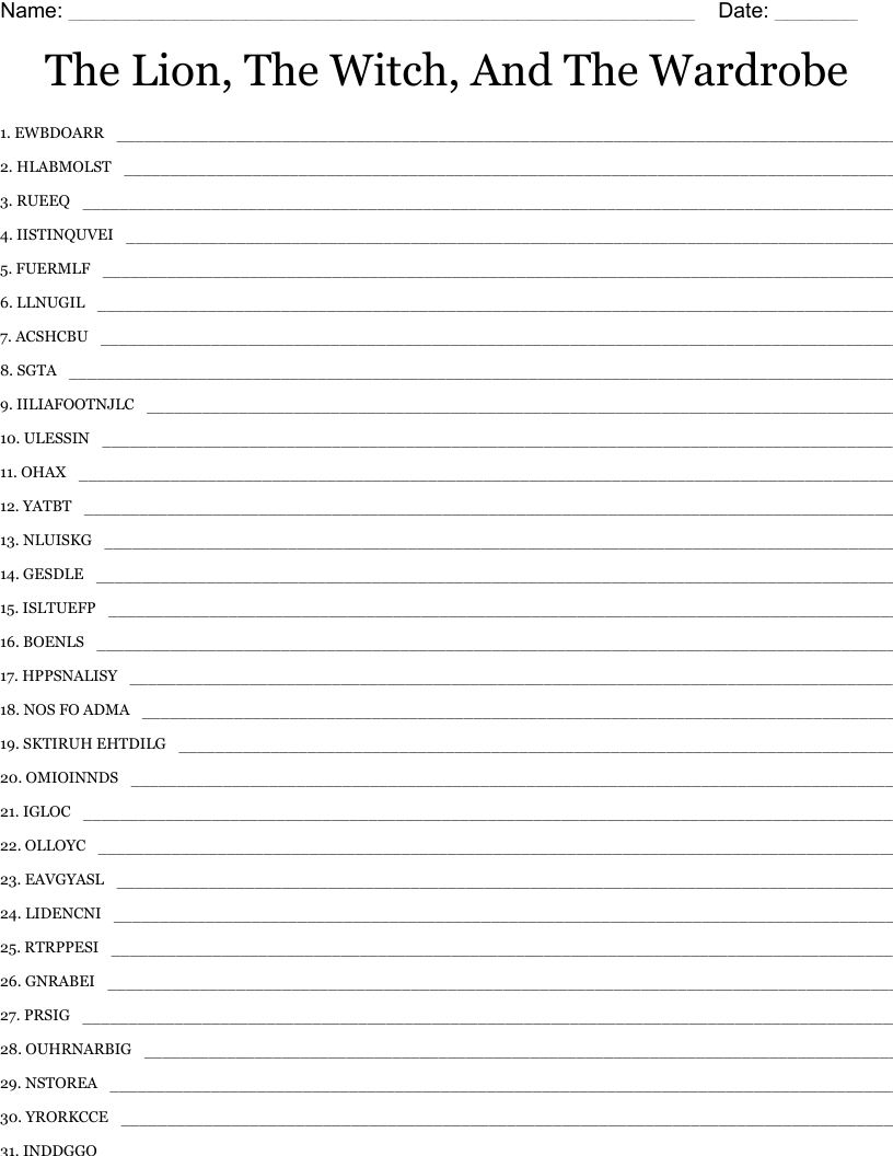 The Lion, The Witch, And The Wardrobe Word Scramble