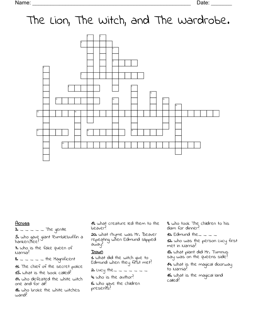 The Lion, The Witch, and The Wardrobe. Crossword