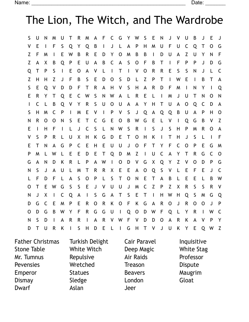 The Lion, The Witch, and The Wardrobe Word Search