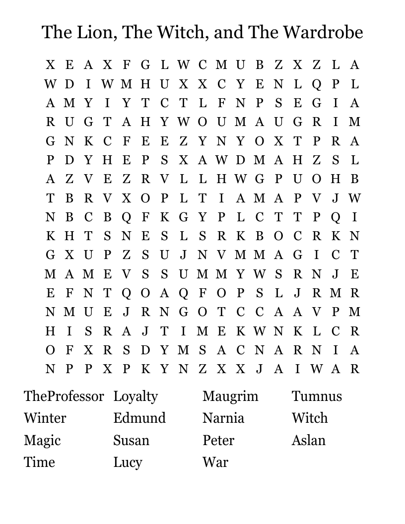 The Lion, The Witch, and The Wardrobe Word Search