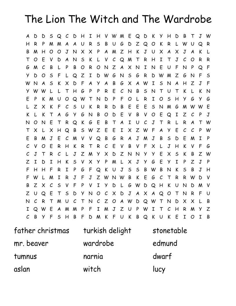 The Lion The Witch and The Wardrobe Word Search