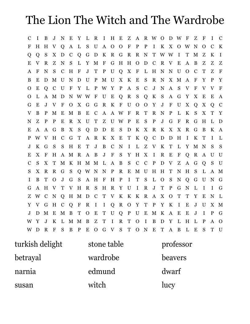 The Lion The Witch and The Wardrobe Word Search