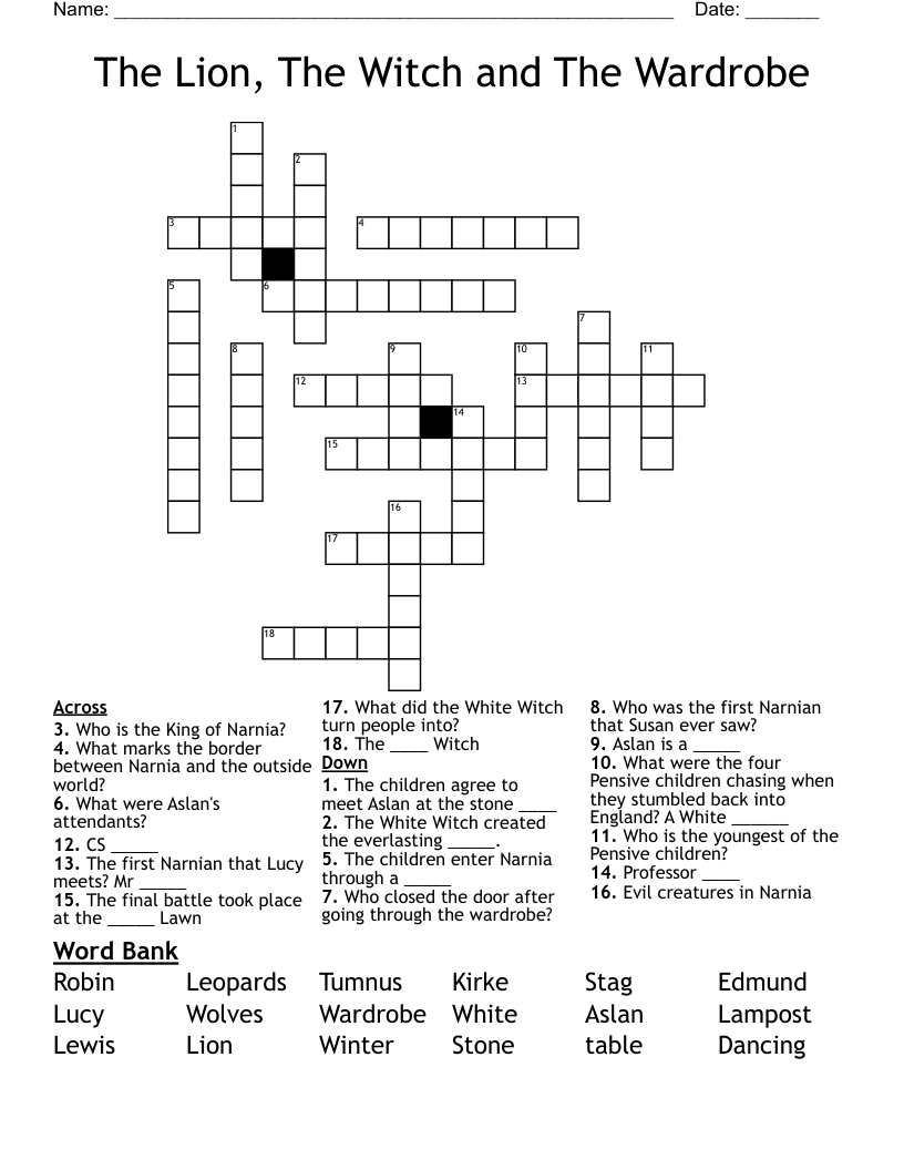 The Lion, The Witch and The Wardrobe Crossword