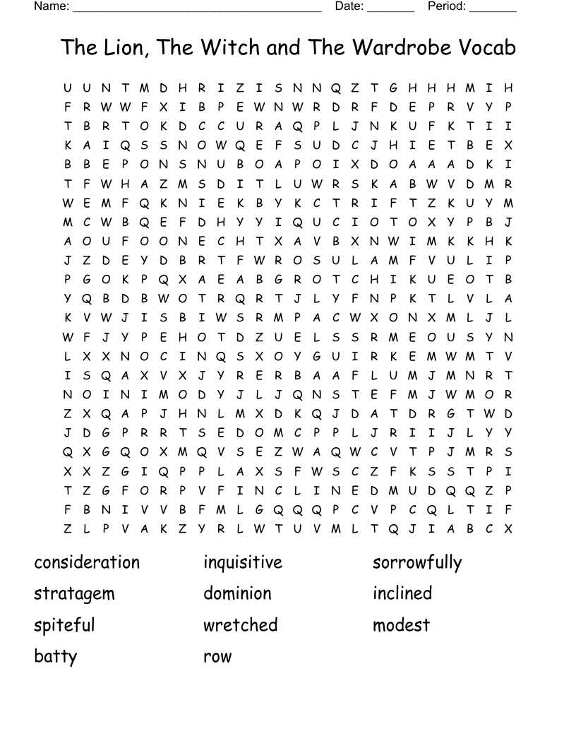 The Lion, The Witch and The Wardrobe Vocab Word Search