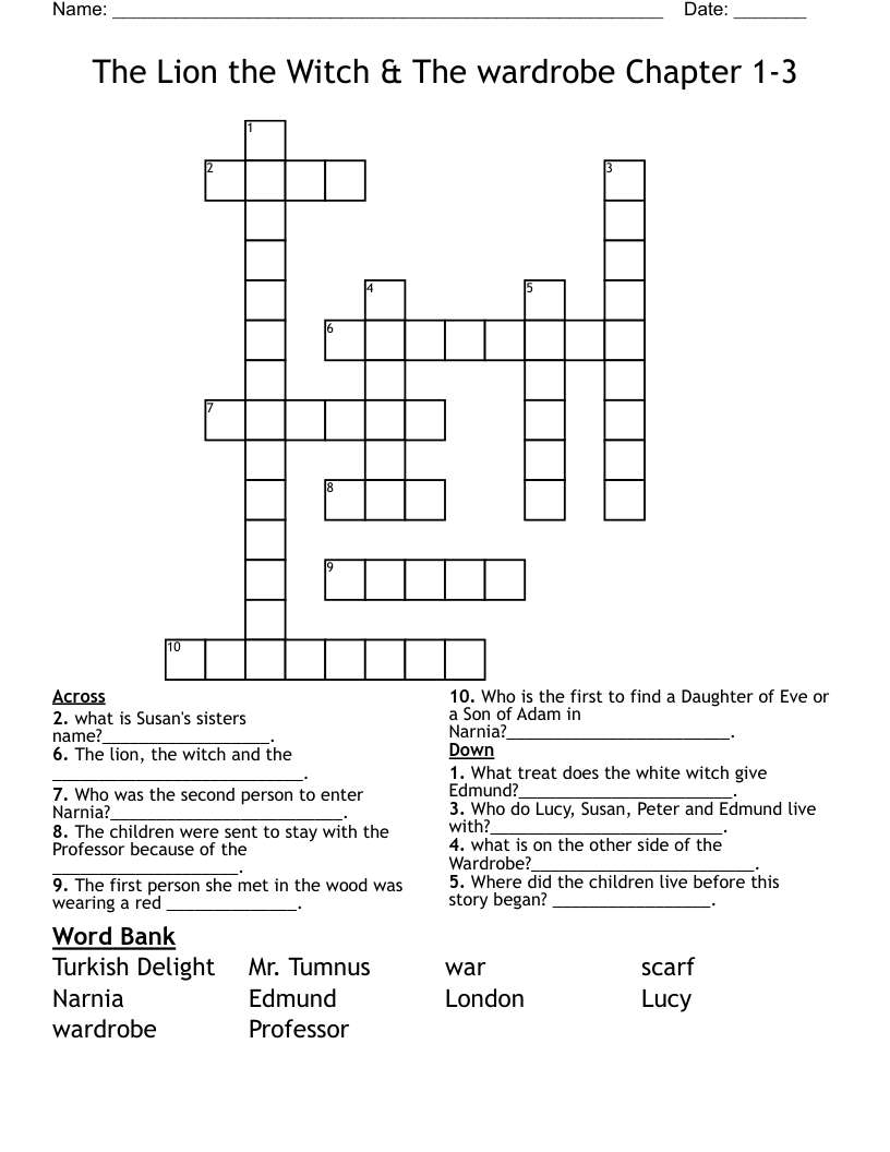 The Lion the Witch & The wardrobe Chapter 1-3 Crossword
