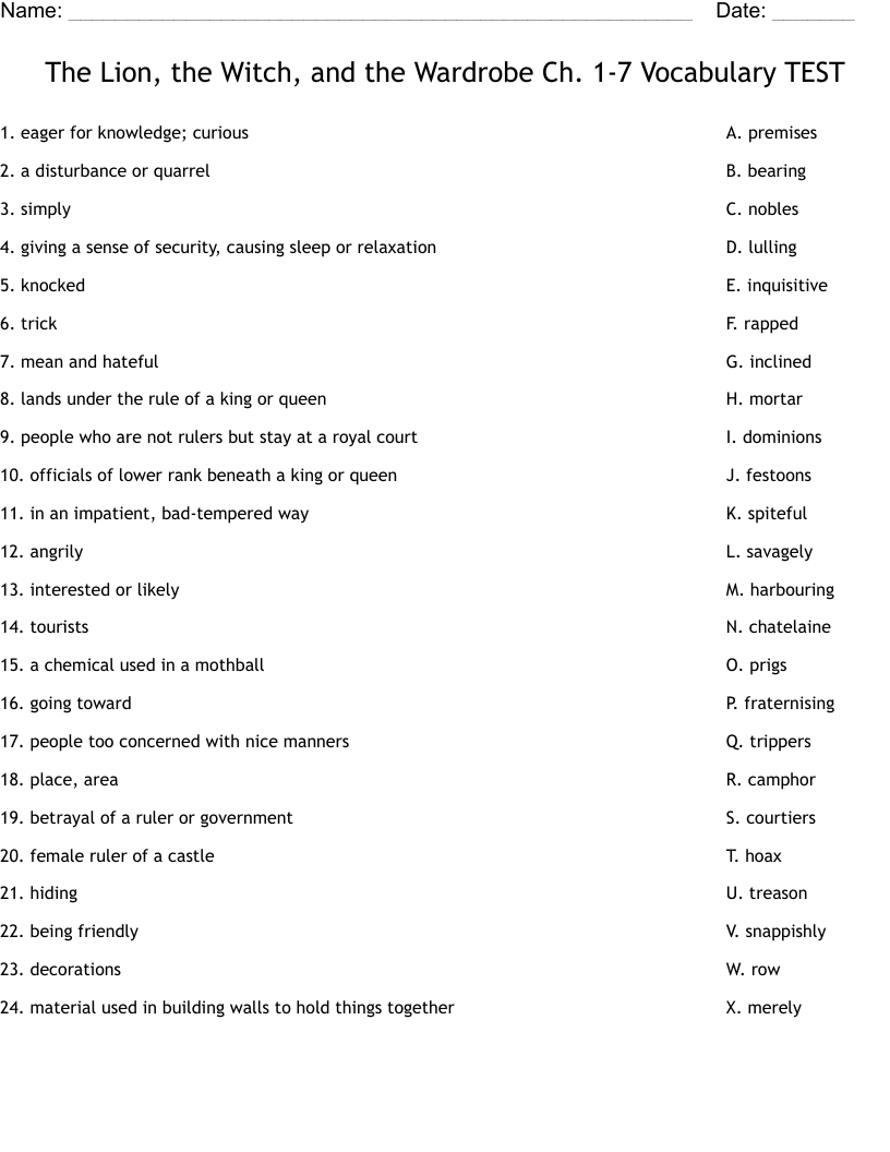 The Lion, the Witch, and the Wardrobe Ch. 1-7 Vocabulary TEST Worksheet