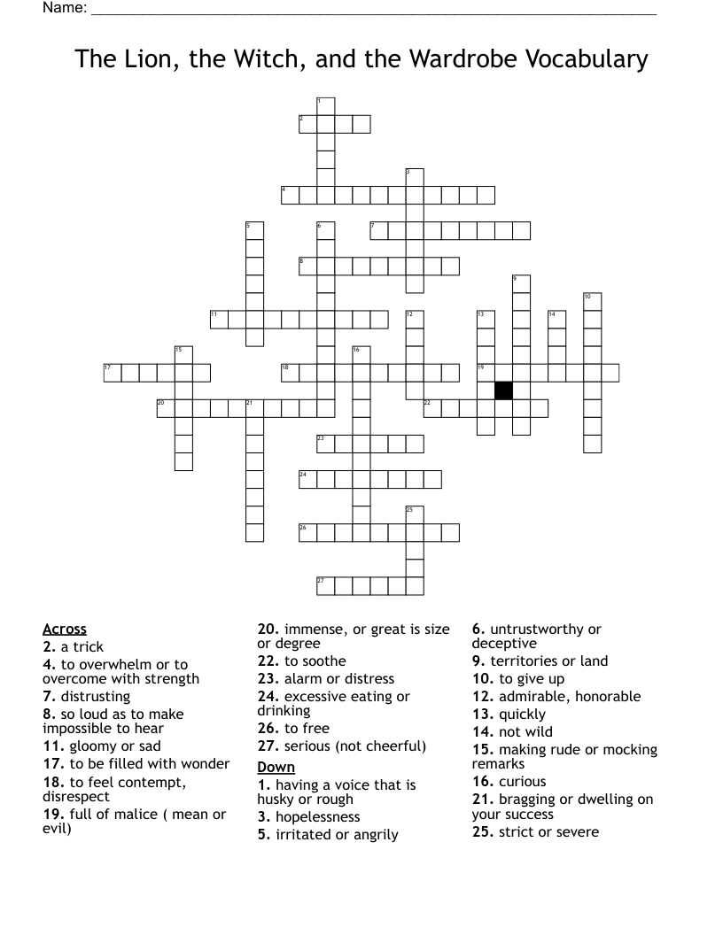 The Lion, the Witch, and the Wardrobe Vocabulary Crossword