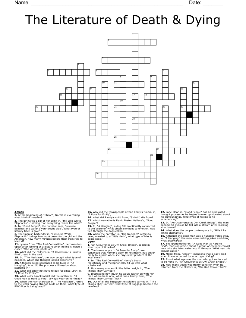 The Literature of Death & Dying Crossword