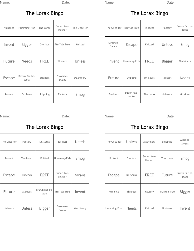 The Lorax Bingo 
