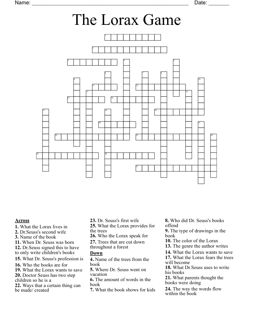 The Lorax Game  Crossword