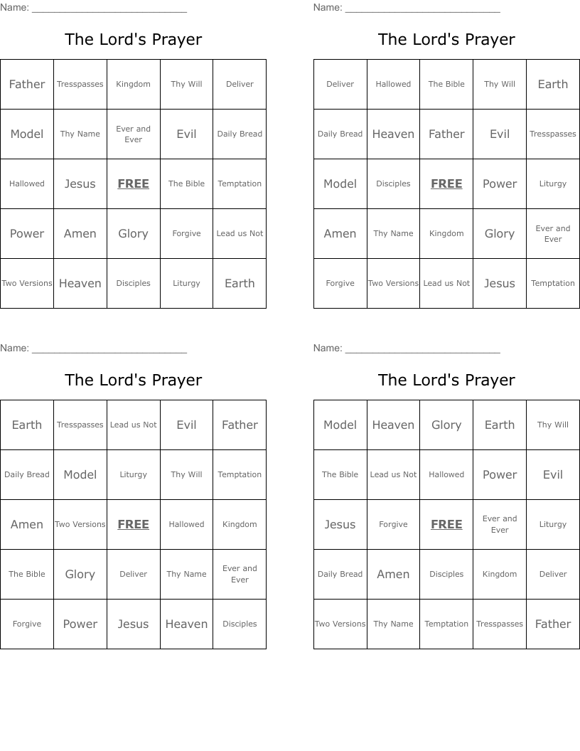 The Lord's Prayer Bingo Cards