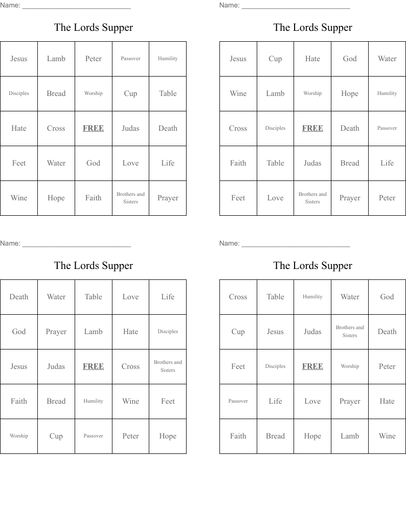 The Lords Supper Bingo Cards