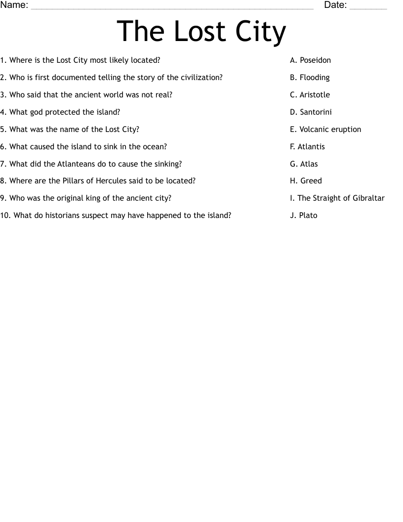 The Lost City Worksheet